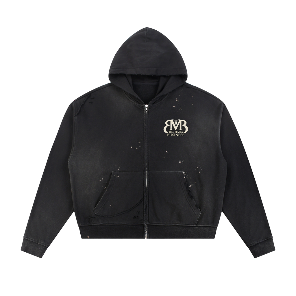 Sun Fade Frayed Raw Edge Fleece Zip Hoodie